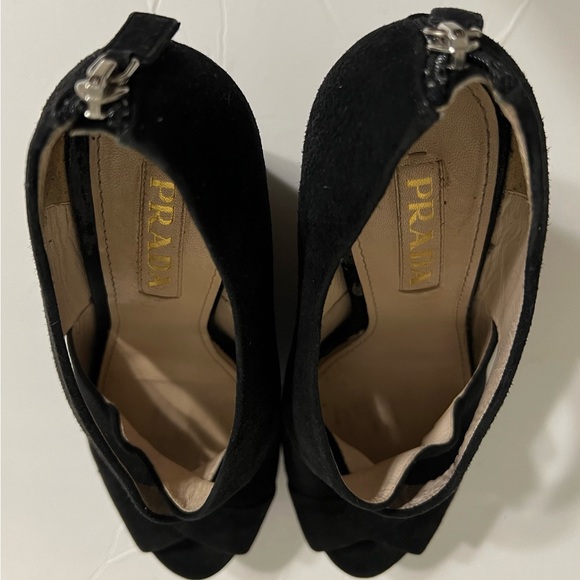 Prada Suede Sandals Black Cutout Accent Slingback Wedge Style Quality Leather - Picture 7 of 7